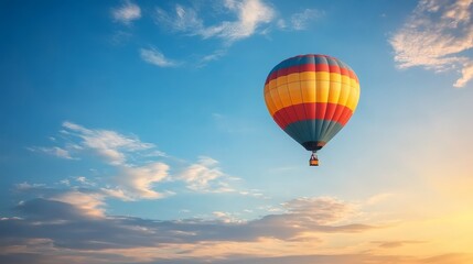 Fototapeta premium Colorful Hot Air Balloon Soaring Through Blue Sky with Clouds at Sunset