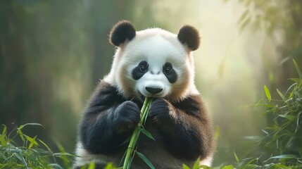 Obraz premium Cute Panda Bear Eating Bamboo in Forest