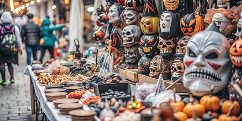 Naklejka premium Halloween Market Delights. A vibrant Halloween market stall overflowing with spooky decorations, masks, and treats.