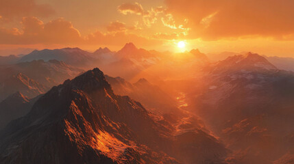 Naklejka premium A breathtaking view of a mountain range at sunrise, with golden light illuminating the peaks and valleys.