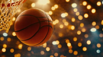 Obraz premium A basketball is seen approaching a hoop with a blurred, illuminated background.