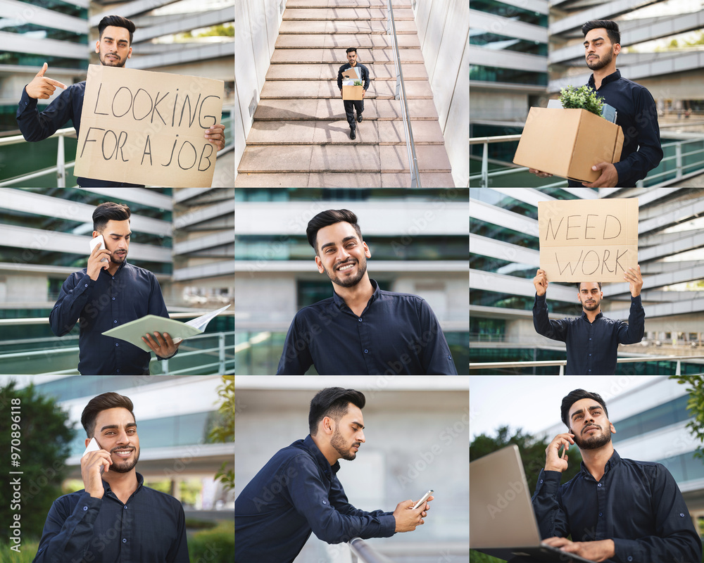 Poster a young man is actively seeking employment in an urban environment. he holds a sign expressing his j
