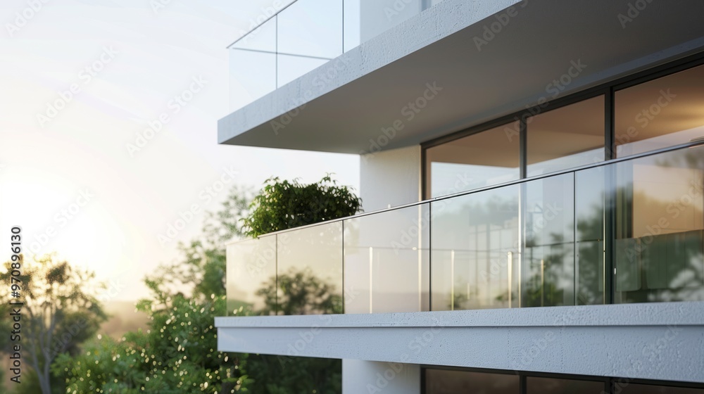 Poster a balcony with a view of trees and a sunset