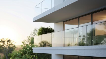 Fototapeta premium A balcony with a view of trees and a sunset