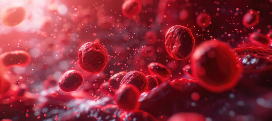 Close-up of red blood cells flowing in the blood through the veins. The dark red background creates an atmosphere that emphasizes the beauty and importance of these small balls in the human body.