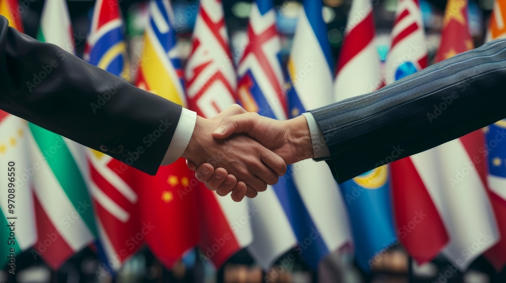 Aufkleber two men shaking hands in front of a bunch of flags