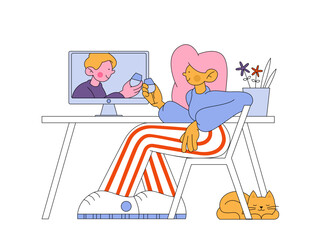 Man and woman drinking wine on a date online