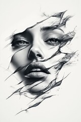 Fototapeta premium A grayscale illustration of a woman's face with abstract lines and shapes around her.