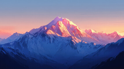 A mountain range at sunset, with the peaks glowing in warm orange and pink hues against a fading blue sky.