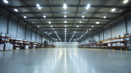 Spacious Warehouse with High Ceilings and Bright Lights
A large warehouse with high ceilings, bright overhead lighting, and long rows of shelves.