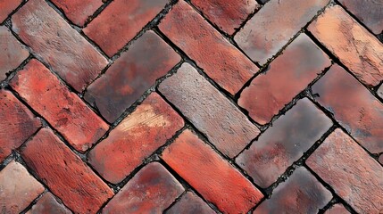 Red Brick Flooring Pattern. Top View of Red Bricks Paving Stones Footpath on a Sidewalk Outdoors as Brickwork Weaved Texture or Abstract Stone Paver Herringbone Template Background Copyspace