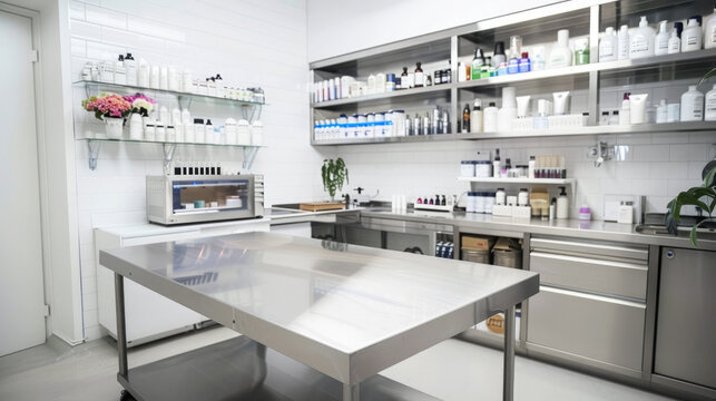 Modern veterinary clinic with empty metal table, shelves and racks with medicines in the background. Treatment of animals. Selective focus.