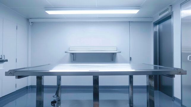 Sterile and modern laboratory environment with a large empty stainless steel table in the center. The room is clean and well lit, emphasizing cleanliness and hygiene.
