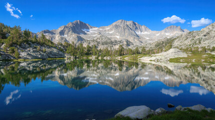 A mountain range reflected perfectly in a crystal-clear alpine lake, with the sky a brilliant blue.