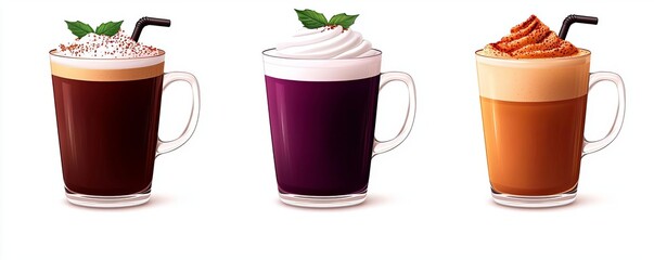 Three delicious drinks served in mugs, topped with cream and garnished. Perfect for cozy moments and indulgent treats.