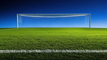A soccer goal on a grassy field under a clear blue sky.