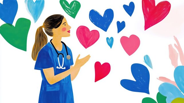 Healthcare appreciation: nurse surrounded by colorful hearts - design for gratitude cards