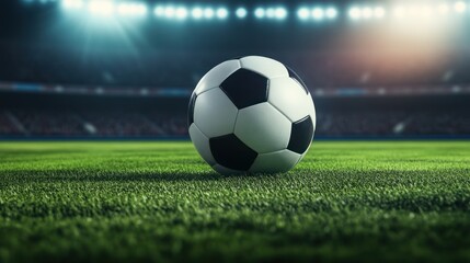 A close-up view of a soccer ball on a lush green field in a stadium setting.