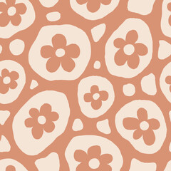 Minimal Vintage Flowers Seamless Pattern. Hand drawn abstract floral background with spots dots blossoms. Fluid liquid texture. Minimal design.