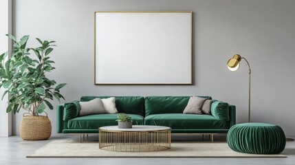 Luxury living room in house with modern interior design green velvet sofa coffee table pouf gold decoration plant lamp carpet mock up poster frame and elegant accessories. Template.