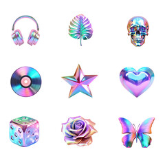 PNG 3D iridescent icon element set, transparent background