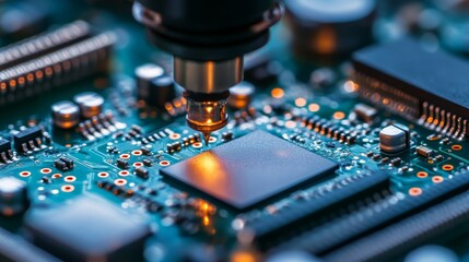 Automated technology industrial robotic electronic production manufacturing concept. Automation machine equipment for quality testing of printed circuit boards - flying probe test at factory.