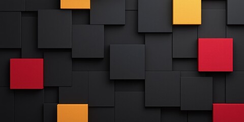 A modern abstract background featuring black, red, yellow, and orange squares in a structured arrangement.