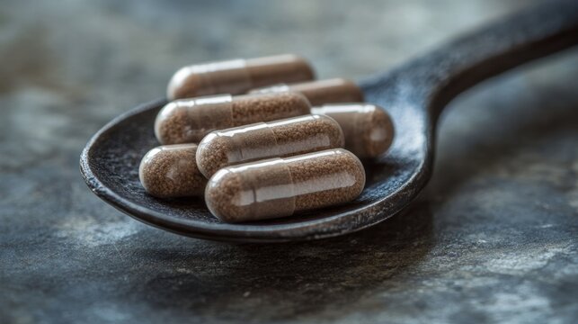 N-acetyl cysteine (NAC) supplement capsules on iron spoon. mental wellbeing and personal health concept