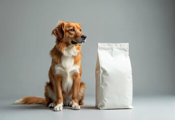 Adorable dog sitting next to a blank white pet food package, ideal for advertising, showcasing pet shop products, or graphic design mockups