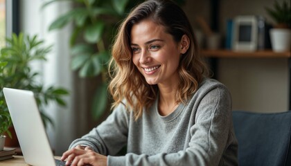 Smiling businesswoman working on a laptop in a cozy office space, collaborating in cyberspace during a virtual conference, focused on her work