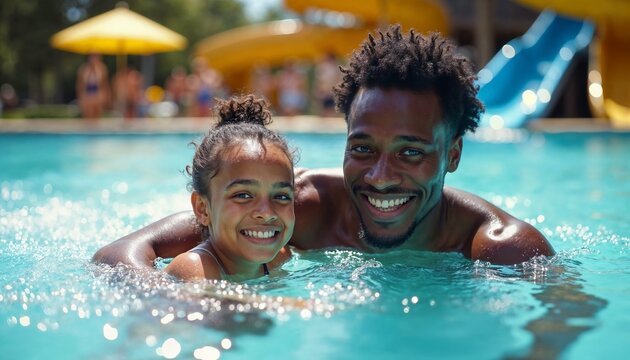 Smiling African American father and daughter enjoying summer vacation, swimming together and creating fun family memories in the pool