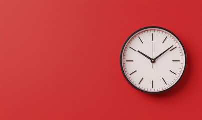 A modern wall clock on a vibrant red background, showcasing minimalist design and clear time display.