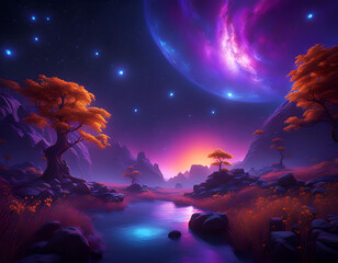 Fantasy landscape in purple. Alien land surface, neon color moon, stars glowing in night sky, pink and purple colours. Digital illustration. CG Artwork Background