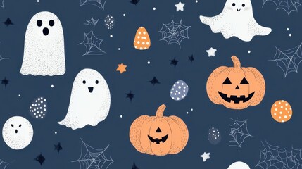 Playful Halloween pattern featuring cute ghosts, pumpkins, and whimsical elements on a dark background.