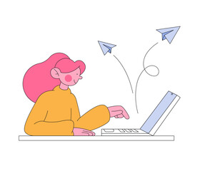 Girl with laptop sending messages