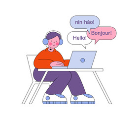 Man is taking a language course online