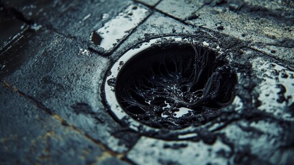 Drain cleaning. Clogged and dirty sewer pipes floor drain. Full of hair and accumulated clogged grease. Maintenance the floor drain sewage system in bathroom. fixing clean wash and unclog a drain.