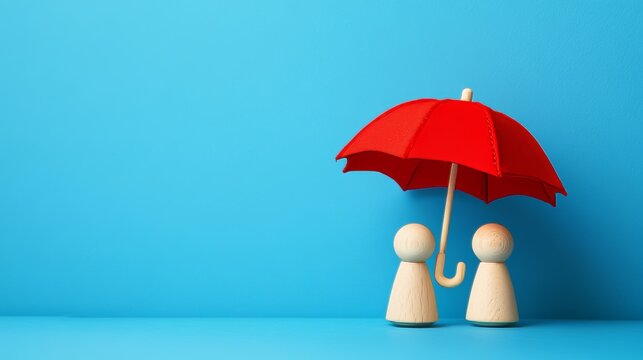 Red toy umbrella and wooden doll figures isolated on a blue background. Insurance coverage concept.