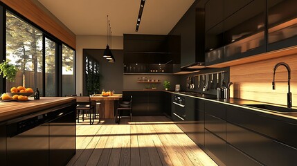 Modern Black Kitchen with Wooden Accents and Sunlight