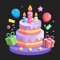 Colorful vector illustration of a birthday cake with candles, surrounded by gifts, balloons, and confetti. Perfect for celebrations, birthdays, parties, and festive greeting designs.