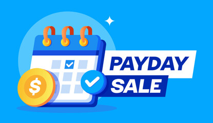 Bright vector promoting payday sale with calendar, checkmark, and dollar coin. Perfect for marketing campaigns, discounts, or promotional events focused on finance, payday, and special offers