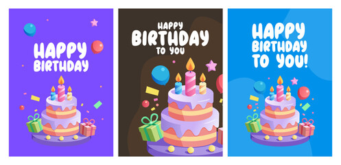 Colorful set birthday greeting cards, featuring layered cake with candles, presents, balloons, message Happy Birthday to You in playful fonts. Cards for celebratory birthday messages invitations.