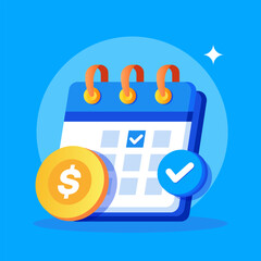 Vector calendar with checkmark, dollar coin, and tick symbol, representing financial planning, scheduling, or payment deadlines. Bright colors business, finance, and productivity themes.