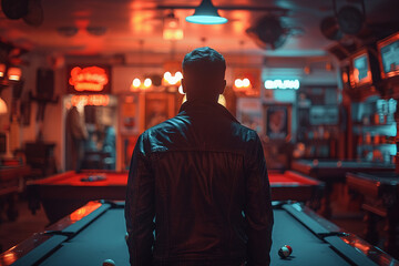 Obraz premium Billiards room bar pub club focused pool player beating balls, generative AI illustration