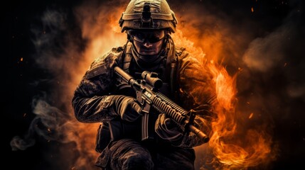 Special forces soldier in the fire on dark background. Neural network ai generated art