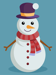 A snowman in a hat and scarf stands on a blue background