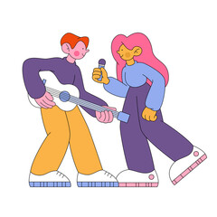 A man with a guitar and a woman with a microphone singing