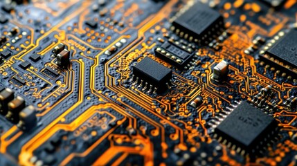 Obraz premium Close-up of a circuit board showcasing intricate electronic components and connections.