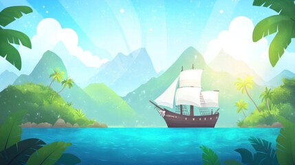 Tropical island landscape with sailing ship on sea, lush green mountains, palm trees, clear sky.
