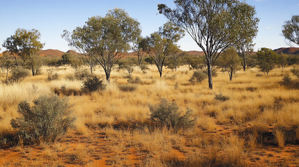 Obraz premium A scene of desert vegetation, including mulga trees and small bushes, surviving in the hot, dry Australian Outback 